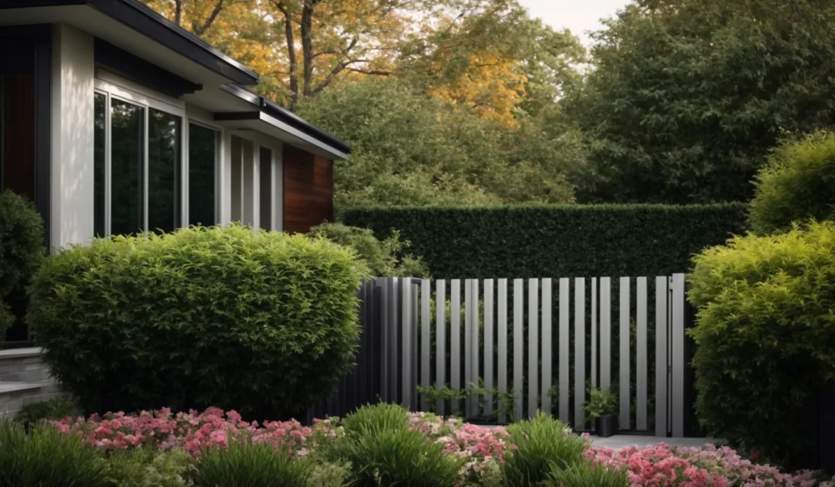 a sleek aluminum fence encloses a lush garden adjacent to a modern home, illustrating the elegance and security it offers to homeowners in salem, nh.