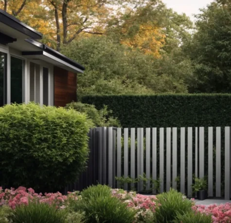 a sleek aluminum fence encloses a lush garden adjacent to a modern home, illustrating the elegance and security it offers to homeowners in salem, nh.