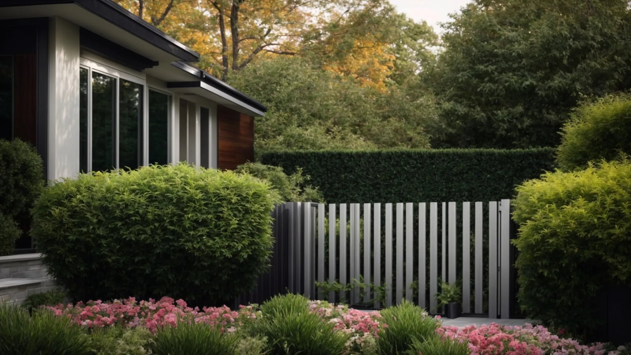 a sleek aluminum fence encloses a lush garden adjacent to a modern home, illustrating the elegance and security it offers to homeowners in salem, nh.