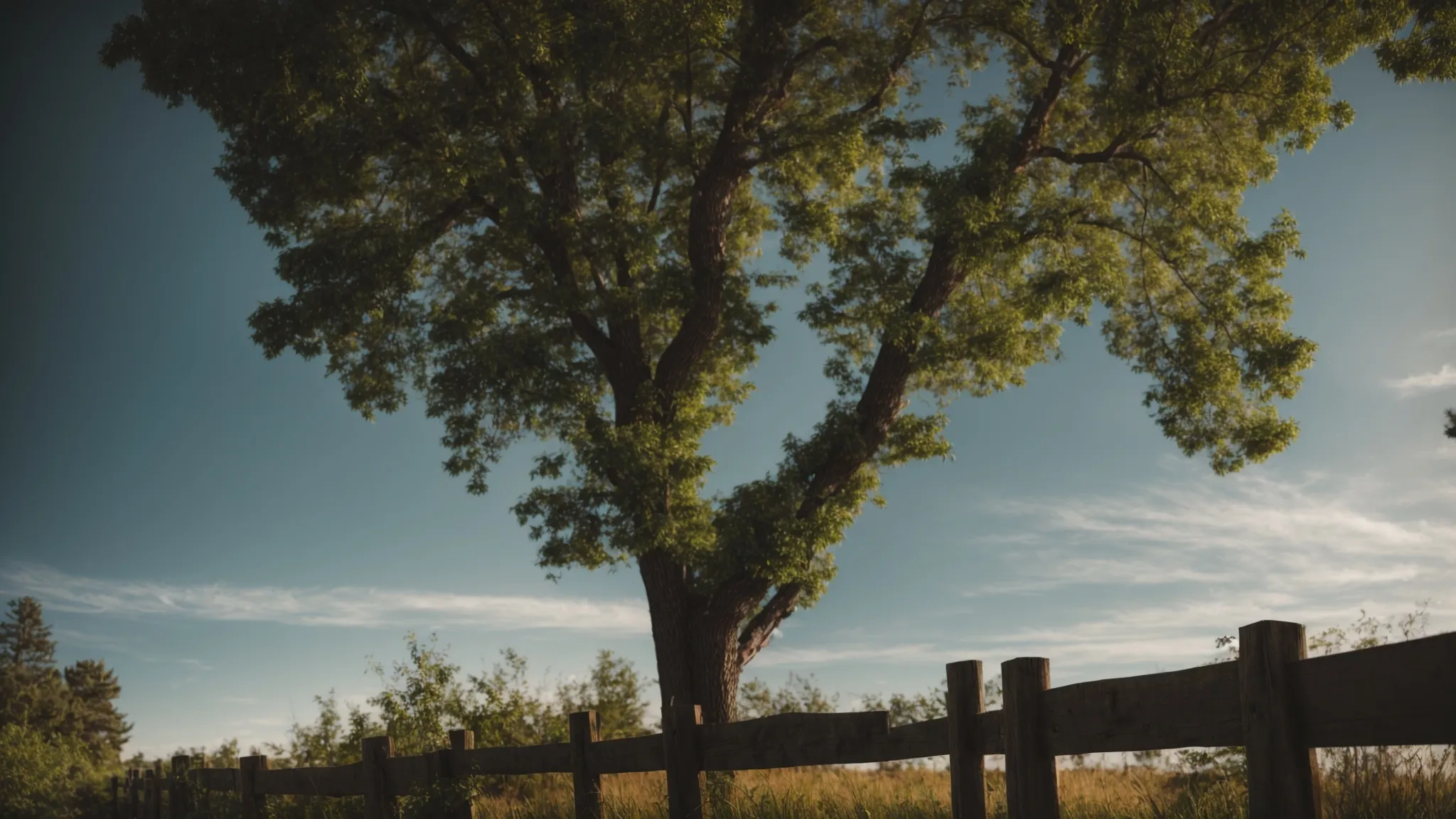 a mostly clear sky over a suburban wooden fence surrounded by greenery.