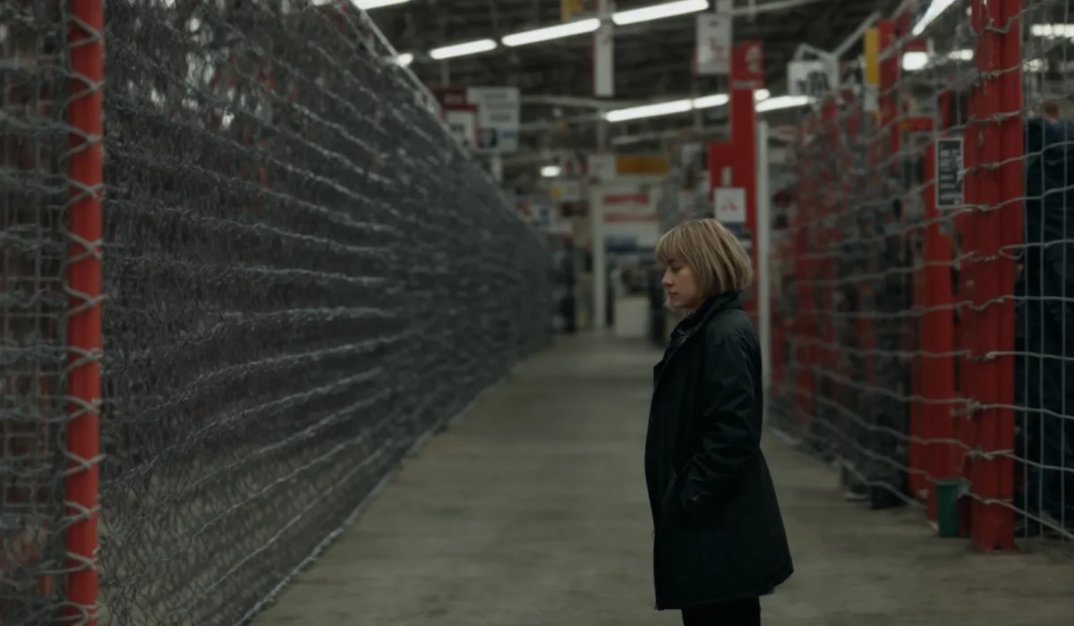 a person standing next to different rolls of chain link fencing in a hardware store aisle in salem nh.