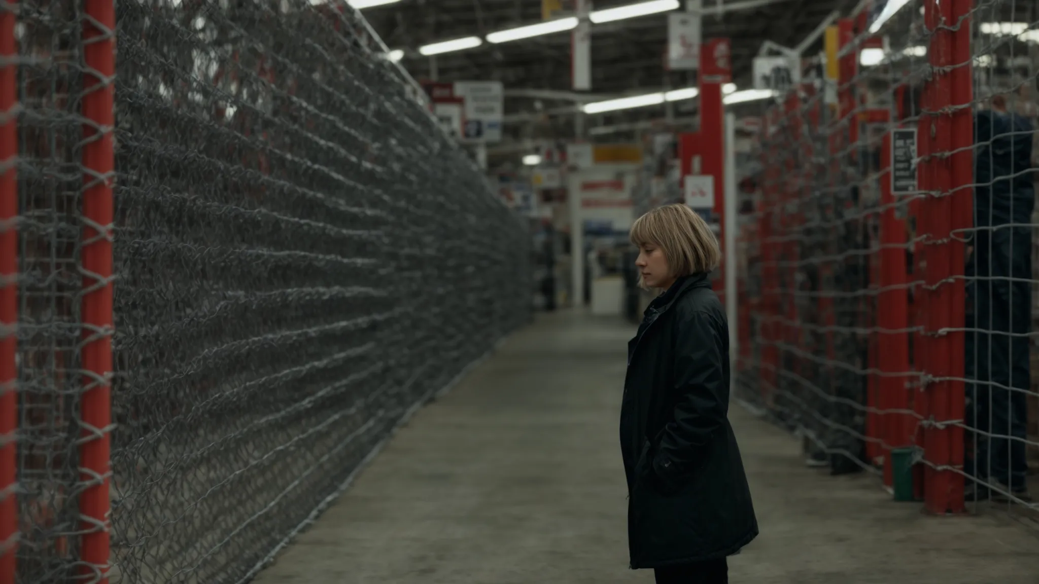 a person standing next to different rolls of chain link fencing in a hardware store aisle in salem nh.